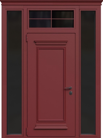 Входная остекленная группа с терморазрывом, металлобагетом, карнизом и красным полимерным окрашиванием Входная остекленная группа с терморазрывом, металлобагетом, карнизом и красным полимерным окрашиванием