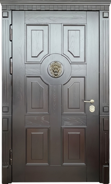 Стальная термодверь с отделкой МДФ со шпоном, карнизом и объемным элементом лев Стальная термодверь с отделкой МДФ со шпоном, карнизом и объемным элементом лев