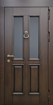 Входная уличная термодверь с остеклением, кнокером и панелями МДФ с багетом и шпоновым покрытием Входная уличная термодверь с остеклением, кнокером и панелями МДФ с багетом и шпоновым покрытием